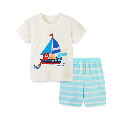 Jumping Meters Summer Outfits For Kids Wear Boats Embroidery Hot Selling Baby Clothing Sets Boys Girls Cotton Tees + Shorts Sets