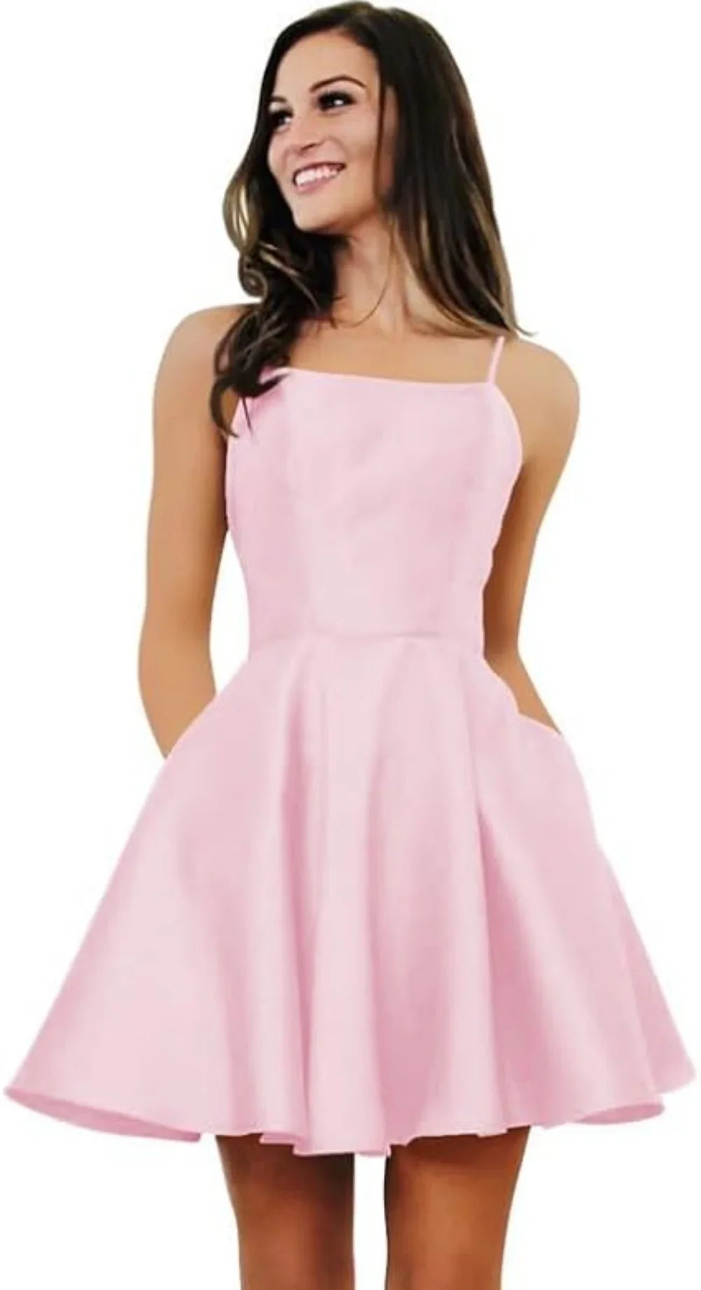 Short Homecoming Dresses for Teens With Pockets Spaghetti Straps Satin Prom Dress for Women A-line Knee Length Party Dress