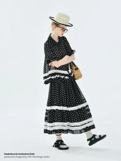 Women's Black Midi Skirt Elastic Waist White Polka Dots Tiered Ruffles Summer Essential Versatile Styling 255079