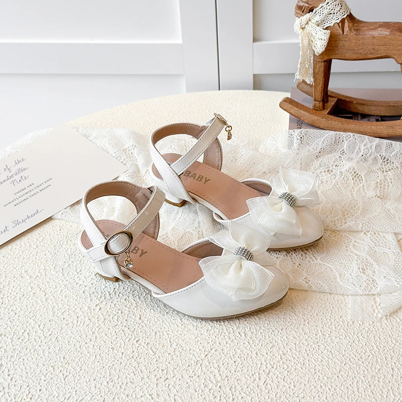 Girls Sandals Fashion Bow Girls High Heels Pink Kid Non-slip Princess Performance Shoes 3-18 Years Old Children's Leather Shoes