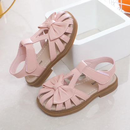 Cute Girls Sandals Bow Peep-toe 2023 New Soft Hook & Loop Beige Kids Princess Shoes Casual Shoes PU Cute Children Shoes Non-slip