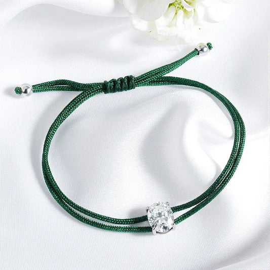 3CT Oval Cut Moissanite Braided Cord Bracelets for Women Men Adjustable Sliding-Knot Dainty Pure S925 Silver Chain D VVS1