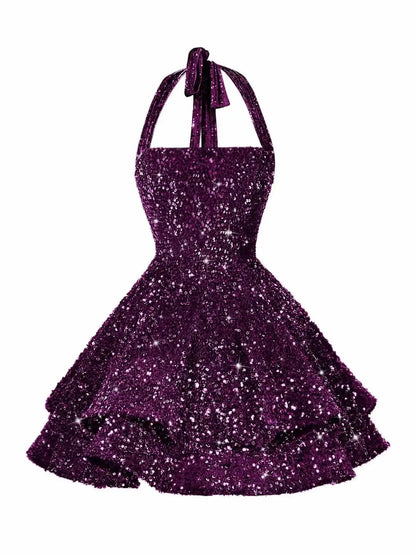 Sequin Short Homecoming Dress for Teens Short Prom Dresses Halter Neck Sparkly Tiered Cocktail Party Gowns