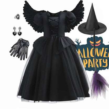 Black Princess Witch Dress with Hat Halloween 2025 Wizard Costume Play Girl Carnival Street Party Apparel Villain Witch Vestidos