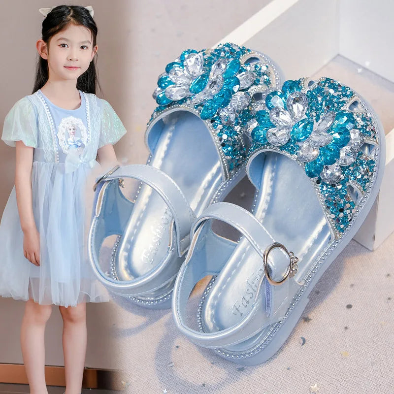 Girls Crystal Slip-On Shoes Soft Bottom Rhinestone Princess Flats Spring Autumn New Style Kids Lightweight Sweet Leather Shoes