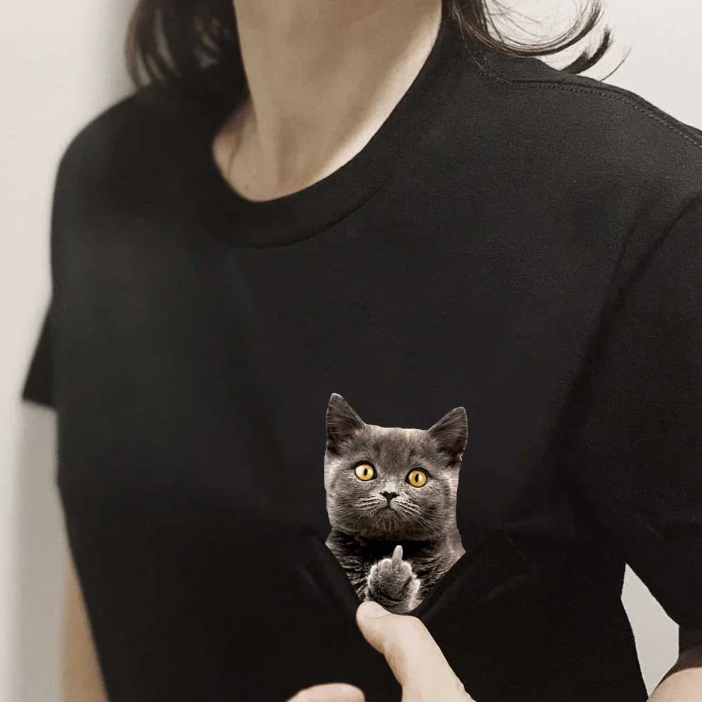 CLOOCL Animal T-Shirt Fashion Brand Summer Pocket Cat Stickers Printed T-shirts Mens Women Shirts Hip Hop Tops Funny Cotton Tees