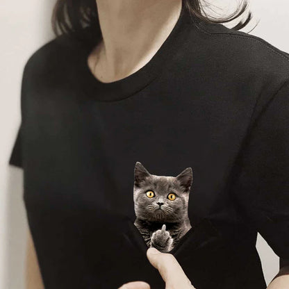 CLOOCL Animal T-Shirt Fashion Brand Summer Pocket Cat Stickers Printed T-shirts Mens Women Shirts Hip Hop Tops Funny Cotton Tees