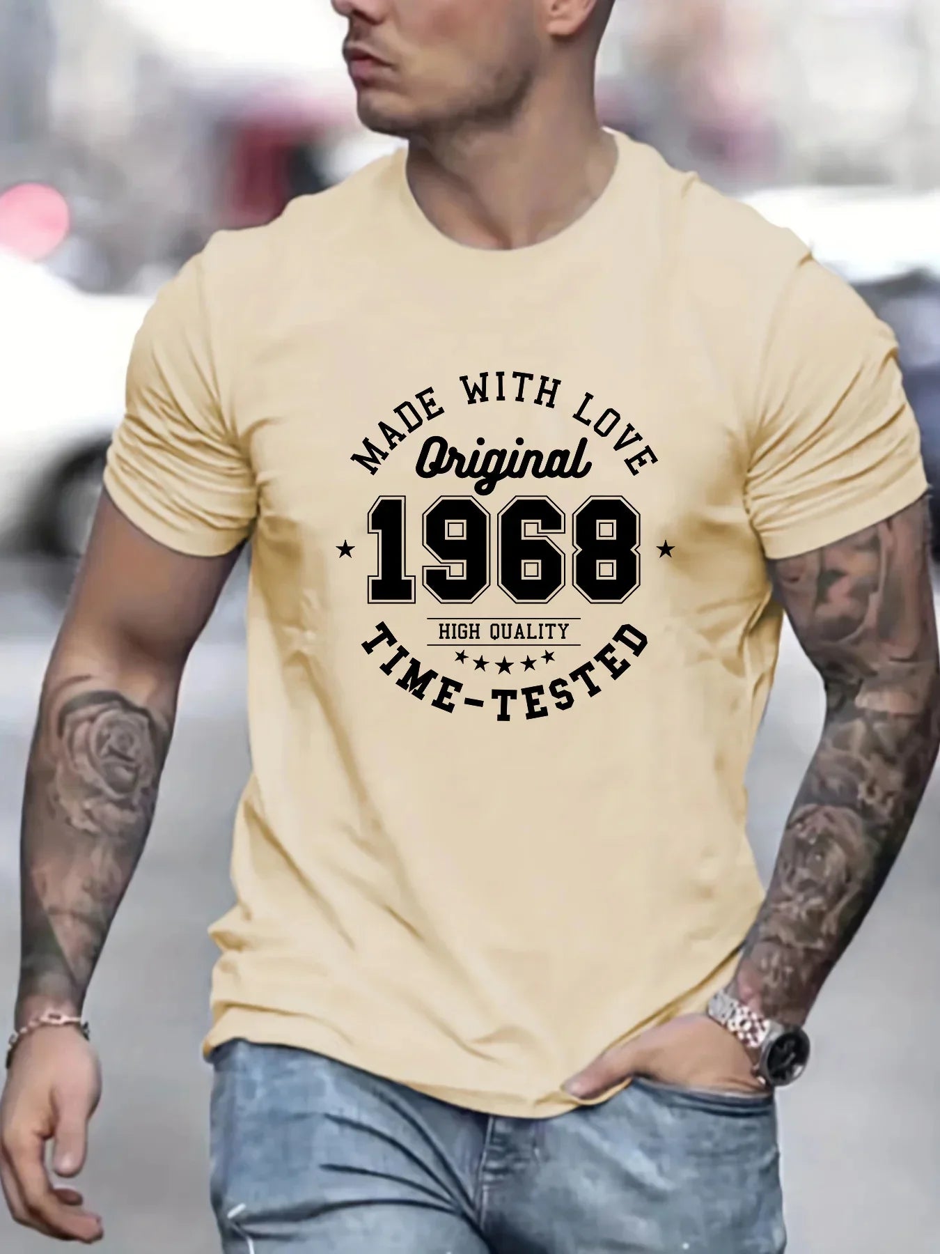 Men's summer 100% cotton MADE MITH LOVE 1968 printed fashionable casual sports loose round neck short sleeved T-shirt top