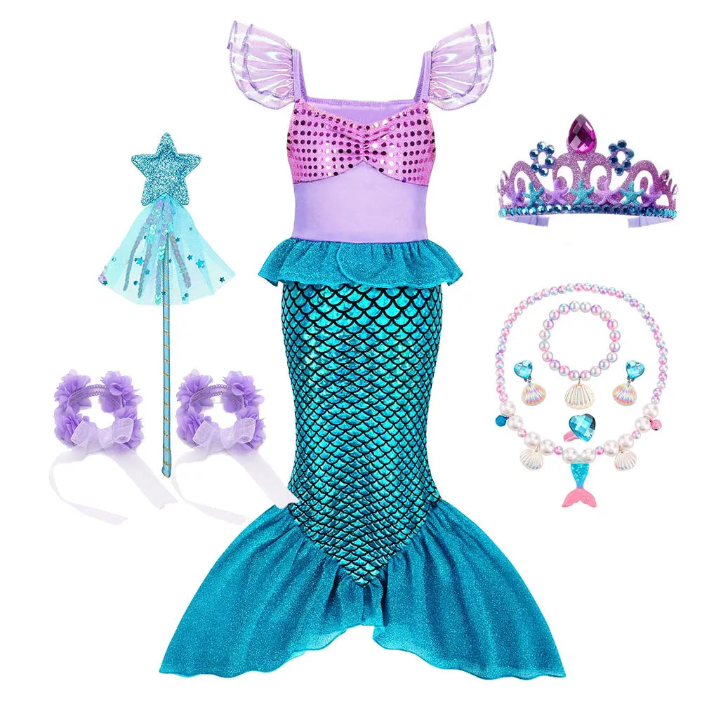 2026 Costume for Kids Cute Princess Trumpet Dress Girl Fairy Tale Little Mermaid Cosplay Ariel Apparel Carnival Robe