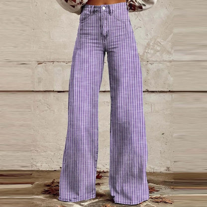 Trendy Color Striped Wide Leg Straight Denim Pants