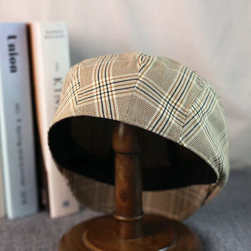 Spring Summer Linen Newsboy Cap New Beige Plaid Breathable Beret Men's Women's Literary Retro Hat England Hats Male Hats A-36