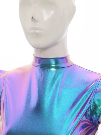 Womens Cocktail Dress Shiny Metallic Dress Alien Space Cap Sleeve High Waist A-line Dress for Halloween Party High Street Dress