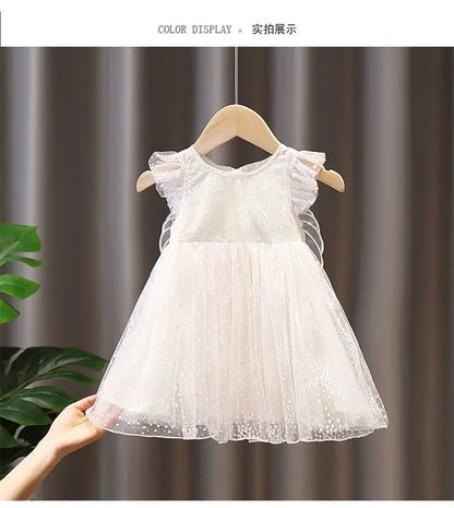 Girls Summer White Princess Dress Kids Tulle Tutu Skirt With Wings Cute Baby Girls Fluffy Party Dress For Birthday Holiday