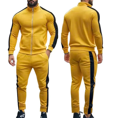 2025 Spring Autumn Men's 2-Piece Set Color Blocking Zipper Stand Collar Casual Sports Jacket Sweatshirt Trousers Suit