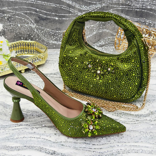 Olive-Green Pointed-Toe Women's High Heels Shoes and Bags for Party Rhinestone Evening Elegant Luxury Handbag