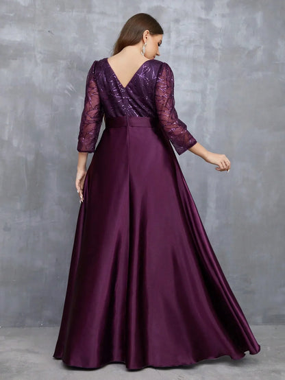 Neck long sleeve sequin patchwork satin long gown ball dress Party dress Bridesmaid dress