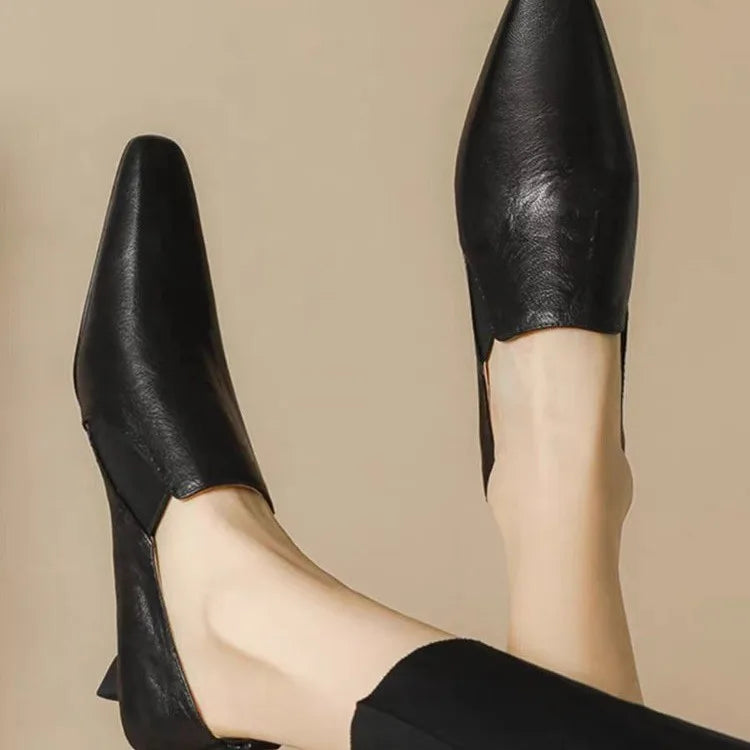 French Retro Temperament Low-heeled Shoes Women's Spring New Leather Pointed High Heels Small Leather Shoes Large Size 43
