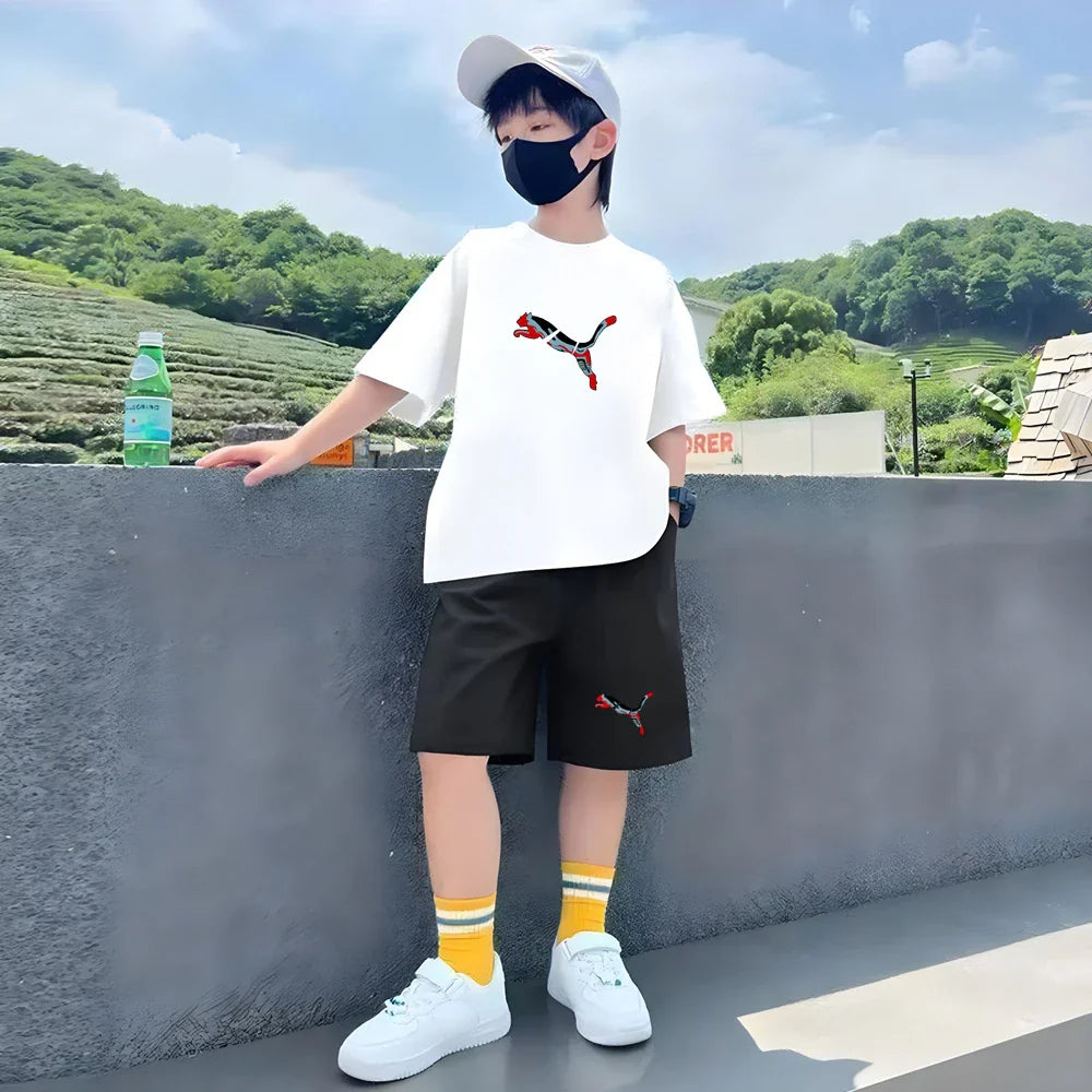 Summer white children's short sleeve 3-12 Years Kids cougar print T-shirt clothes boy girls pink shirt tees ventilate cool tops