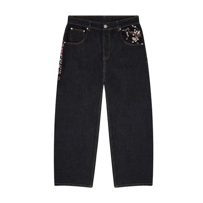 Y2K Baggy jeans Cherry Blossom Selvedge Embroidery Denim Pants men women denim fabric American Hiphop Streetwear Wide Leg Jeans