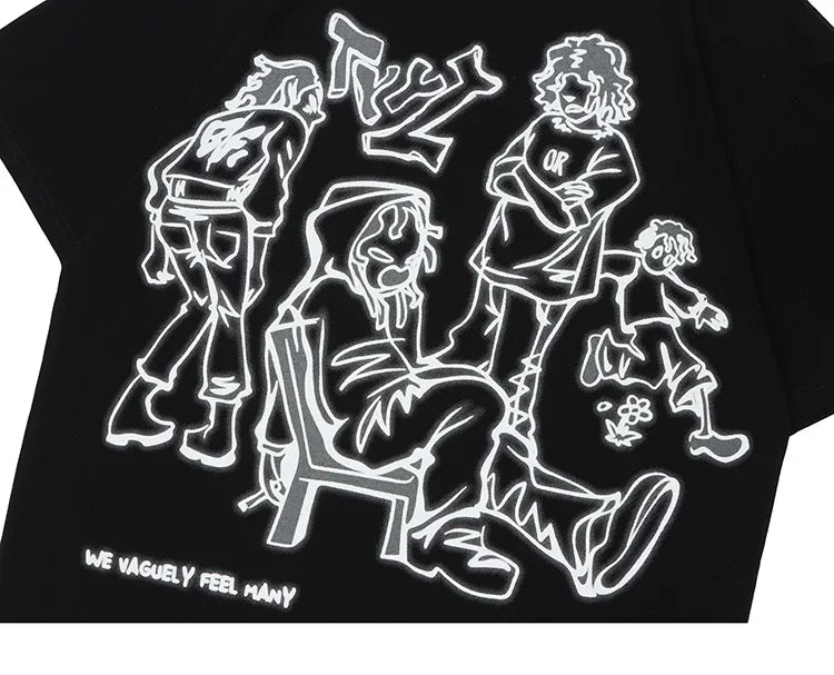 Harajuku Cartoon Girl Cat Japanese Kanji Graphic T Shirt Streetwear Men T-Shirt Summer Short Sleeve Tshirt Tops Tees Unisex