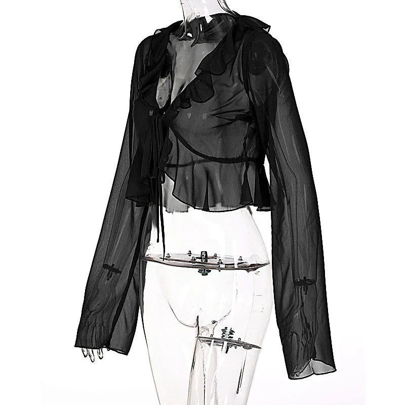 2025 Women Fungus Lace Solid See Through Silk Flare Sleeve V Neck Crop Tank Fashion Casual Sweet Girl Top