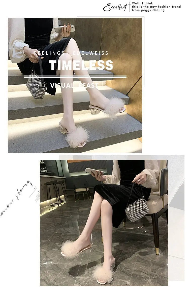2023 Fluffy Peep Toe Sexy High Heels Women Shoes Fur Feather Lady Fashion Wedding Slip-On Pink Square Toe Women Sandals
