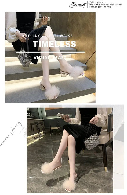 2023 Fluffy Peep Toe Sexy High Heels Women Shoes Fur Feather Lady Fashion Wedding Slip-On Pink Square Toe Women Sandals
