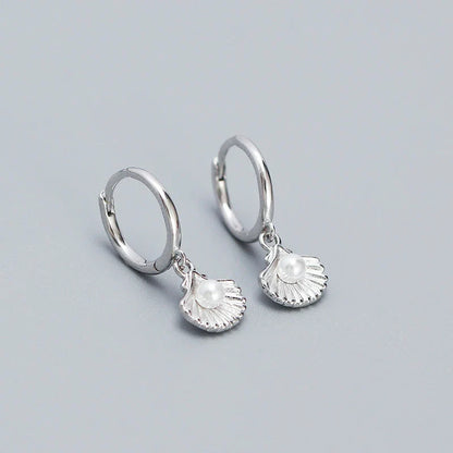 925 Sterling Silver Romantic Sea Shell Pendant Synthetic Pearl Drop Earrings for Women Trendy Beach Bohemian Part Jewelry