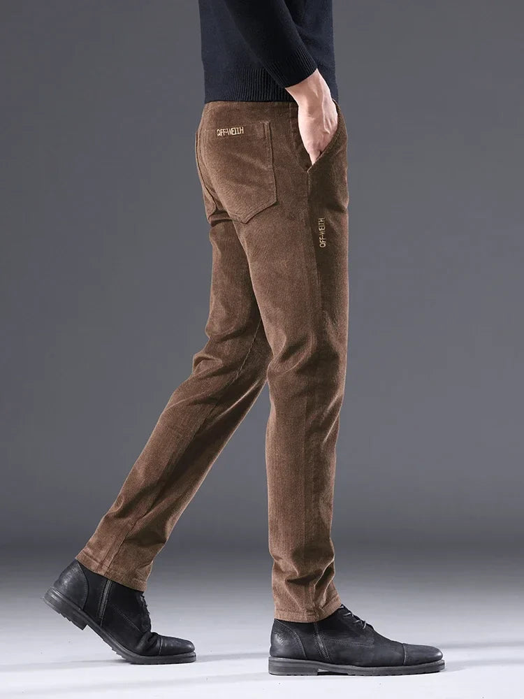 Men's Corduroy Slim Casual Pants 2024 Autumn New Coffee Fashion Stretch Straight Trousers Solid Color Male Clothes