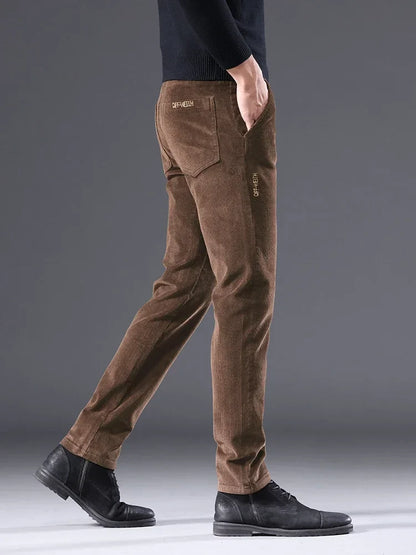 Men's Corduroy Slim Casual Pants 2024 Autumn New Coffee Fashion Stretch Straight Trousers Solid Color Male Clothes