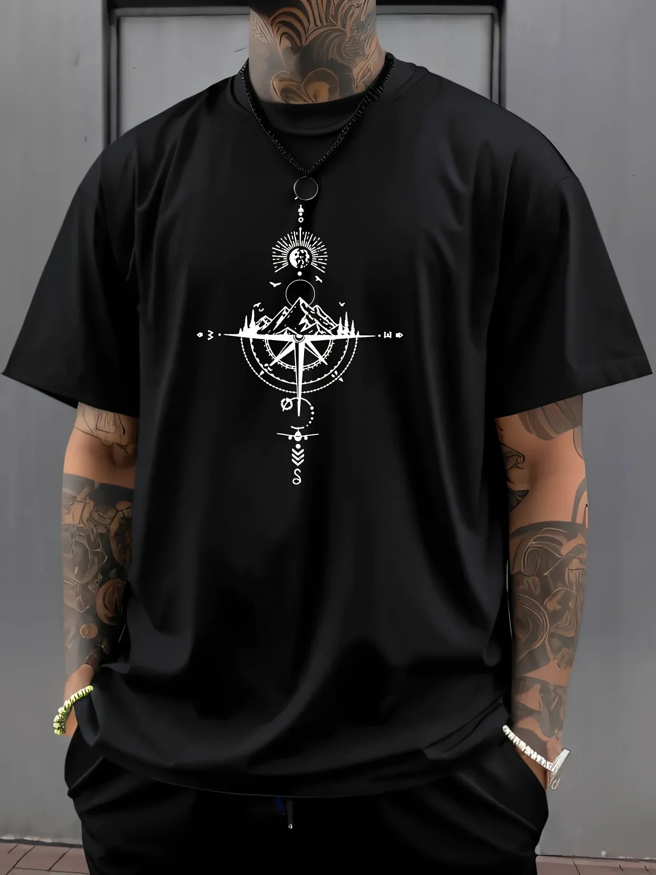 Summer men's 100% pure cotton casual sports loose oversized retro compass printed comfortable round neck short sleeved T-shirt