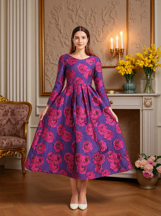 Luxury Long Jacquard Dress for Women Maxi Autumn Winter Party Dress Boho Floral Fashion Evening Clothing Vintage Robe