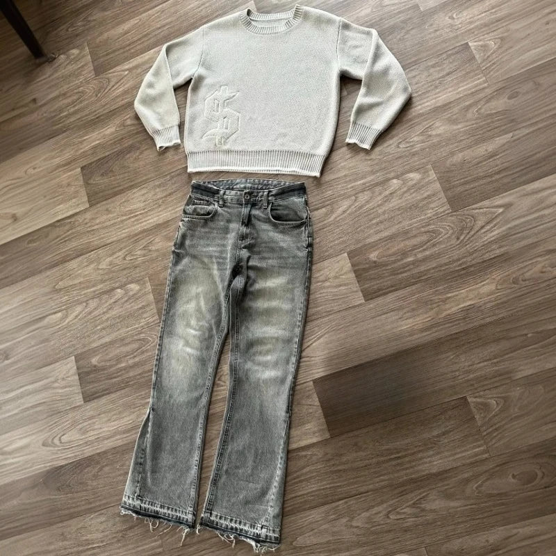 Y2K Retro Jeans Light Color Dollar Pattern Embroidery Splice Denim Pants Gothic Hip Hop Streetwear Men Women Fashion Baggy Pants