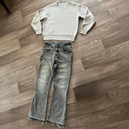 Y2K Retro Jeans Light Color Dollar Pattern Embroidery Splice Denim Pants Gothic Hip Hop Streetwear Men Women Fashion Baggy Pants