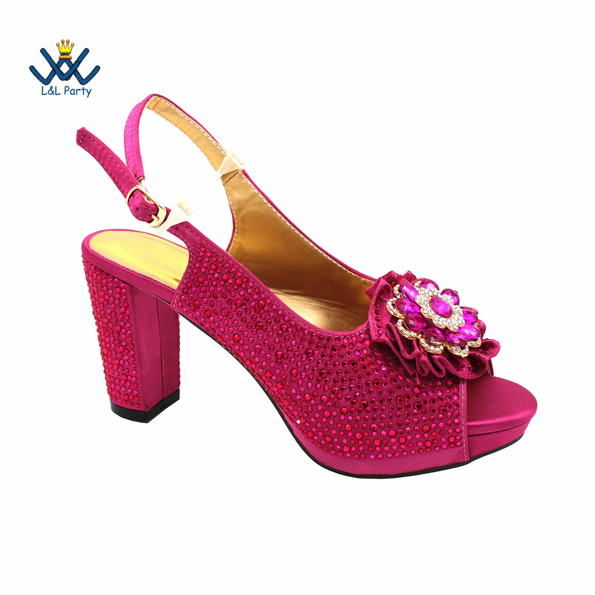 Special Design Women Crystal Style African Ladies Party Shoes Matching Bag in Magenta Color