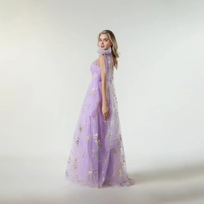Vestido Longo de Formatura Feminino Elegante de Um Ombro Só com Bordado Floral em Tule, Modelo Godê para Festas de Gala