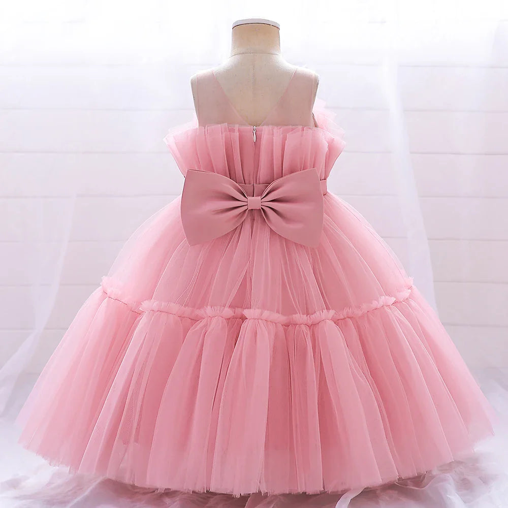 Summer Ruffles Bridesmaids Party Girls Dress Elegant Bow Wedding Birthday Princess Dresses Girl Tulle Pageant Evening Costumes