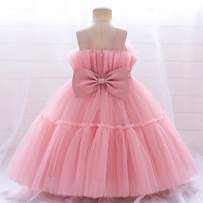 Summer Ruffles Bridesmaids Party Girls Dress Elegant Bow Wedding Birthday Princess Dresses Girl Tulle Pageant Evening Costumes