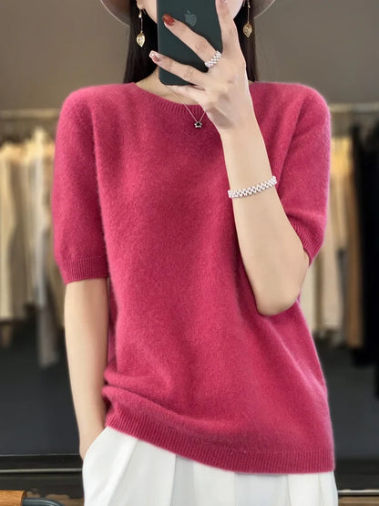 100% pure wool T-shirt spring and summer new women's O-neck pullover short sleeve loose five-sleeve sweater high-end top