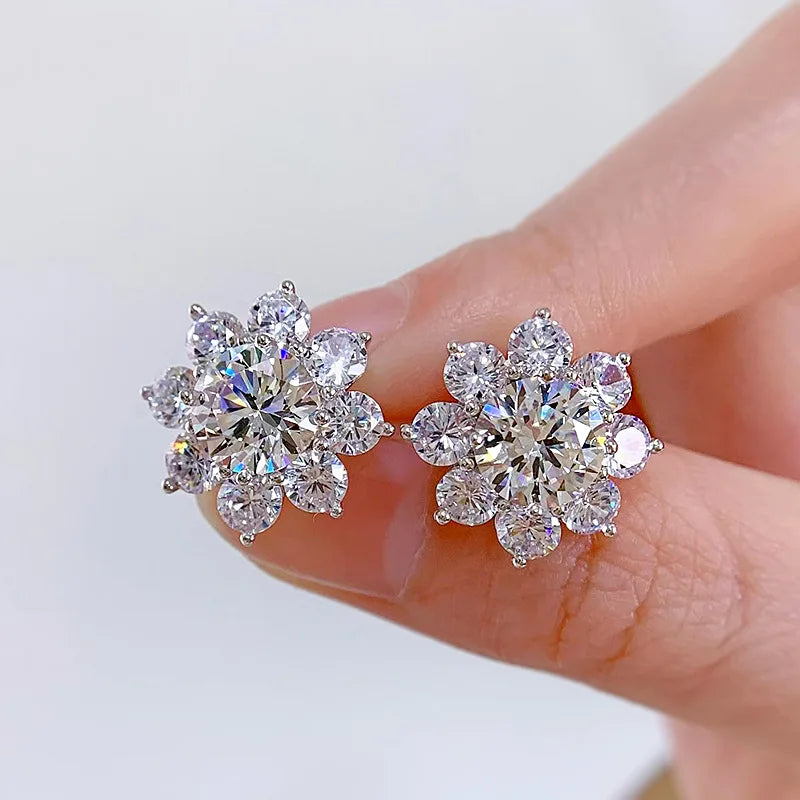 100% Real S925 Sterling Silver Floral Zircon Stud Earrings Women High Carbon Diamond Earring Ear Studs Fine Jewelry Gift