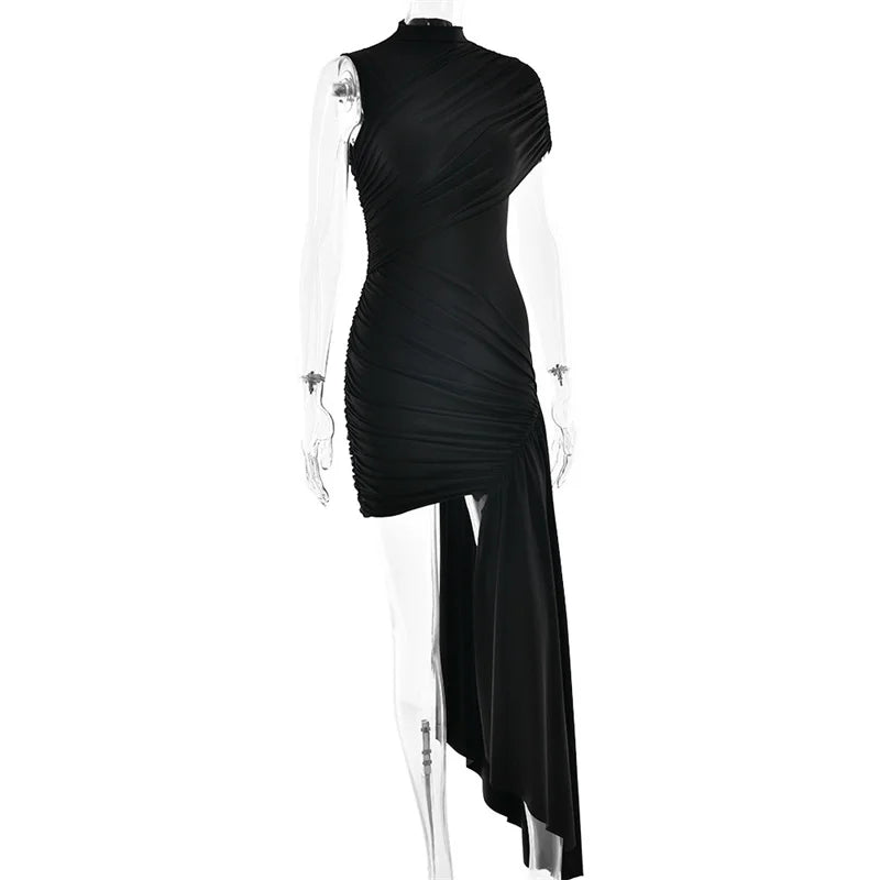 Summer Draped Ruched Sexy Mini Dress Women 2025 New Irregular High Waist Slim Fit Dress Female Elegant Club Tank Dress