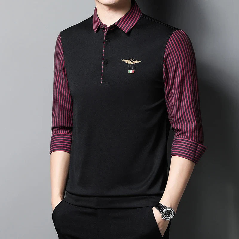 2025 New Men's Casual and Fashionable Long Sleeved POLO Shirt with Contrasting Print Anti Wrinkle Top