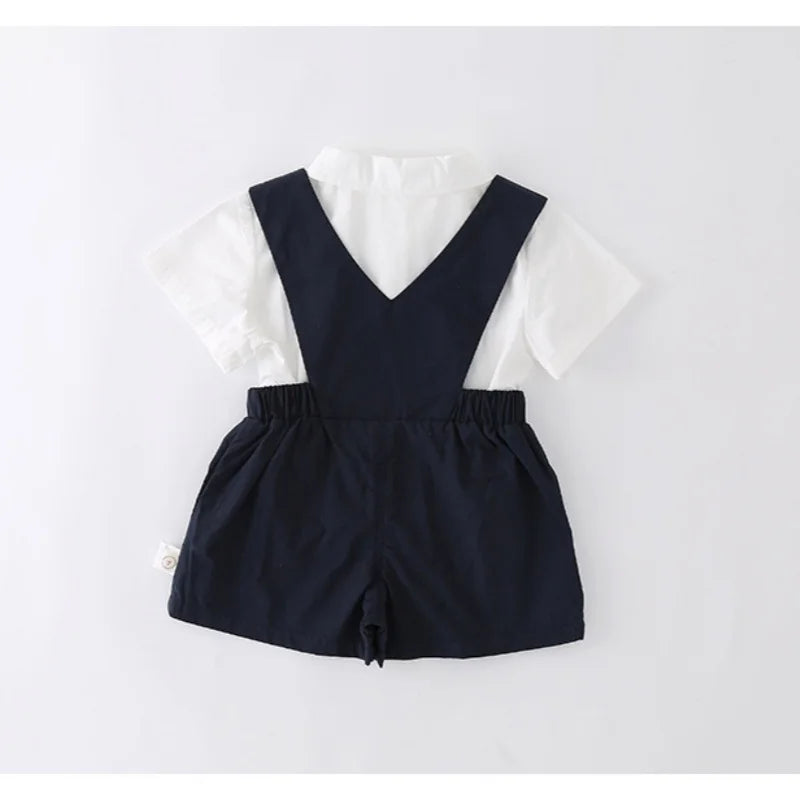 Baby Boys Gentleman 2pcs Overalls Set Bow Tie White Shirt+Suspender Shorts 1st Birthday Outfits Kids Handsome Suit