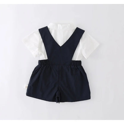Baby Boys Gentleman 2pcs Overalls Set Bow Tie White Shirt+Suspender Shorts 1st Birthday Outfits Kids Handsome Suit