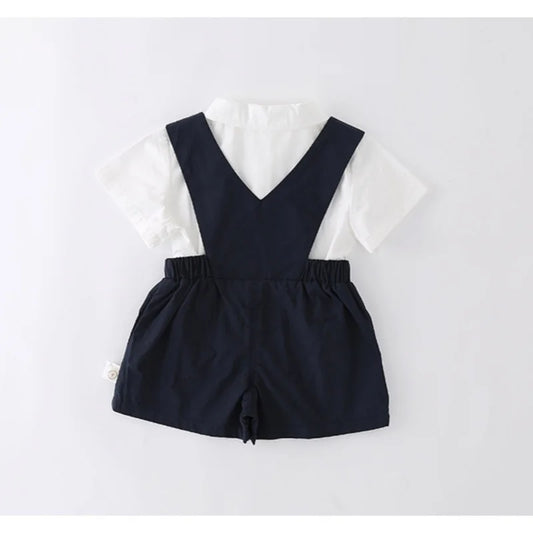 Baby Boys Gentleman 2pcs Overalls Set Bow Tie White Shirt+Suspender Shorts 1st Birthday Outfits Kids Handsome Suit
