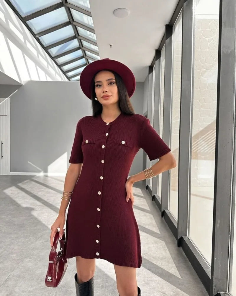 Elegant Knit Mini Dress Women Street Slim High Waist Short Sleeve Rib Sweater Dresses Vacation Bodycon Knitwear Dress