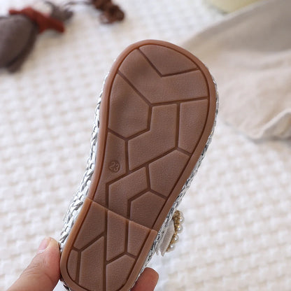 Spring Girl's Sandals Braided Pearl Hook-loop Chic Kid's Flat Shoe Solid Colors Anti-slip Casual Versatile Children Shoes 4-6Y