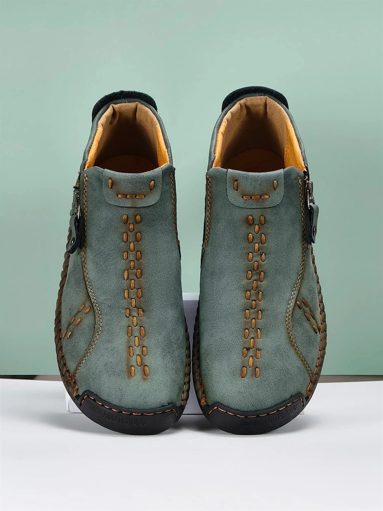 Sapatos Masculinos Clássicos de Couro Feitos à Mão, Design com Zíper, Tênis Esportivos para o Ar Livre, Sapatos Casuais Respiráveis com Elástico, Botas Masculinas de Couro no Tornozelo