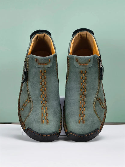 Sapatos Masculinos Clássicos de Couro Feitos à Mão, Design com Zíper, Tênis Esportivos para o Ar Livre, Sapatos Casuais Respiráveis com Elástico, Botas Masculinas de Couro no Tornozelo