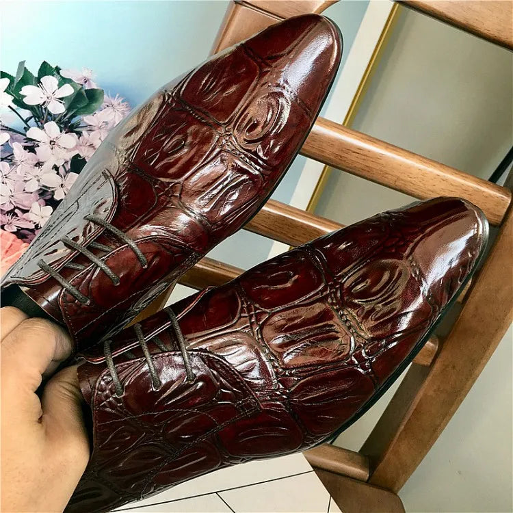 Business Men Crocodile Pattern Cowhide Genuine Leather Dress Shoes Lace Up Pointed Toe Derby Shoes Spring Wedding Formal Shoes